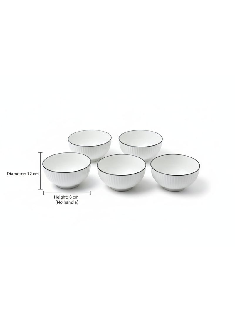White ceramic bowl set, 6 pieces with black rim – 12 cm diameter – stylish striped design – ideal for soup, salad, and desserts - Image 3